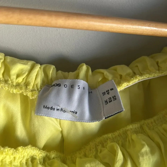 NEW ASOS DESIGN off the shoulder puff detail midi dress in lemon-Yellow - Picture 6 of 13